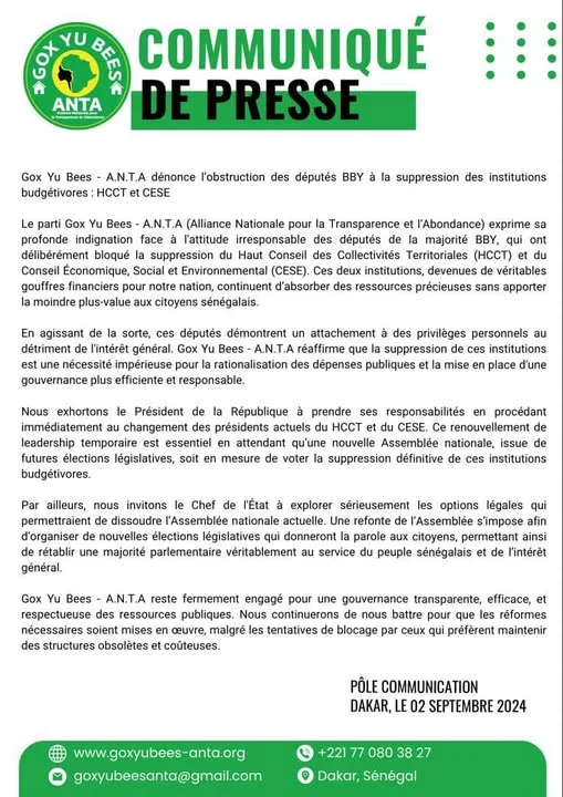 Communiqué : Projet de loi portant suppression des institutions budgétivores HCCT et CESE