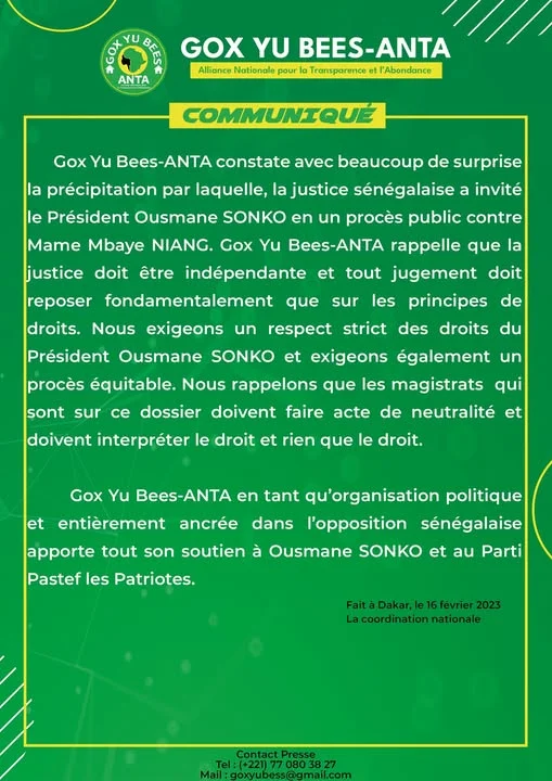 Communiqué : Procès opposant le président Ousmane Sonko à Mame Mbaye Niang