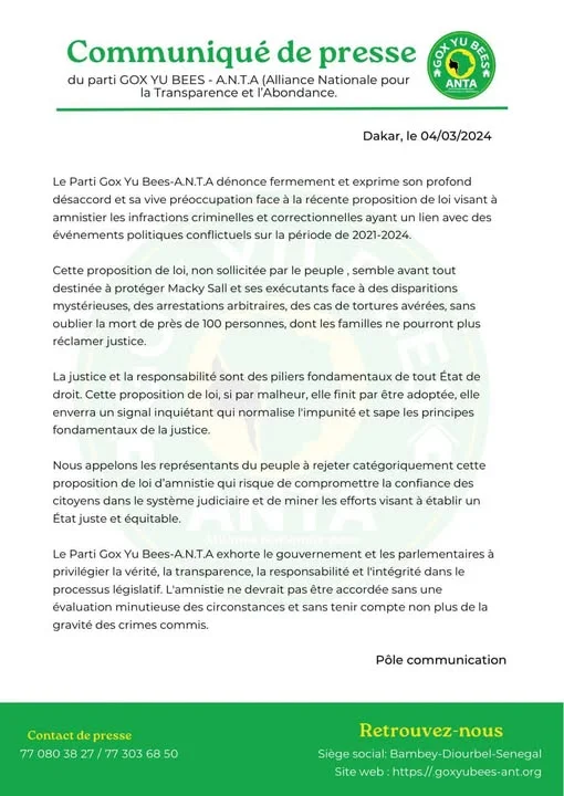 Communiqué : Non à l'amnistie
