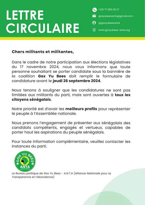 Communiqué : Lettre circulaire sur les élections législatives