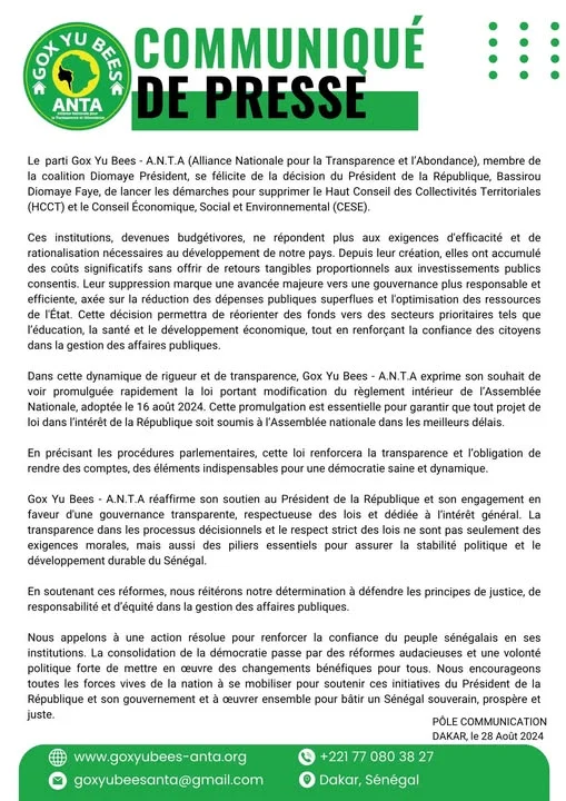 Communiqué : Félicitations pour la décision du président de la République Bassirou Diomaye Faye sur la suppression du HCCT et du CESE