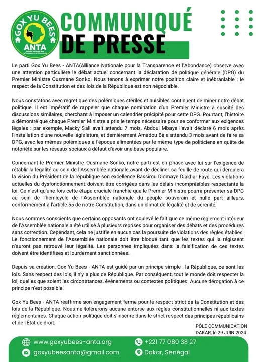 Communiqué : Déclaration de politique générale (DPG) du Premier ministre Ousmane Sonko