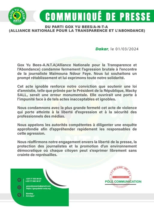 Communiqué : Agression de la journaliste Maimouna Ndour Faye