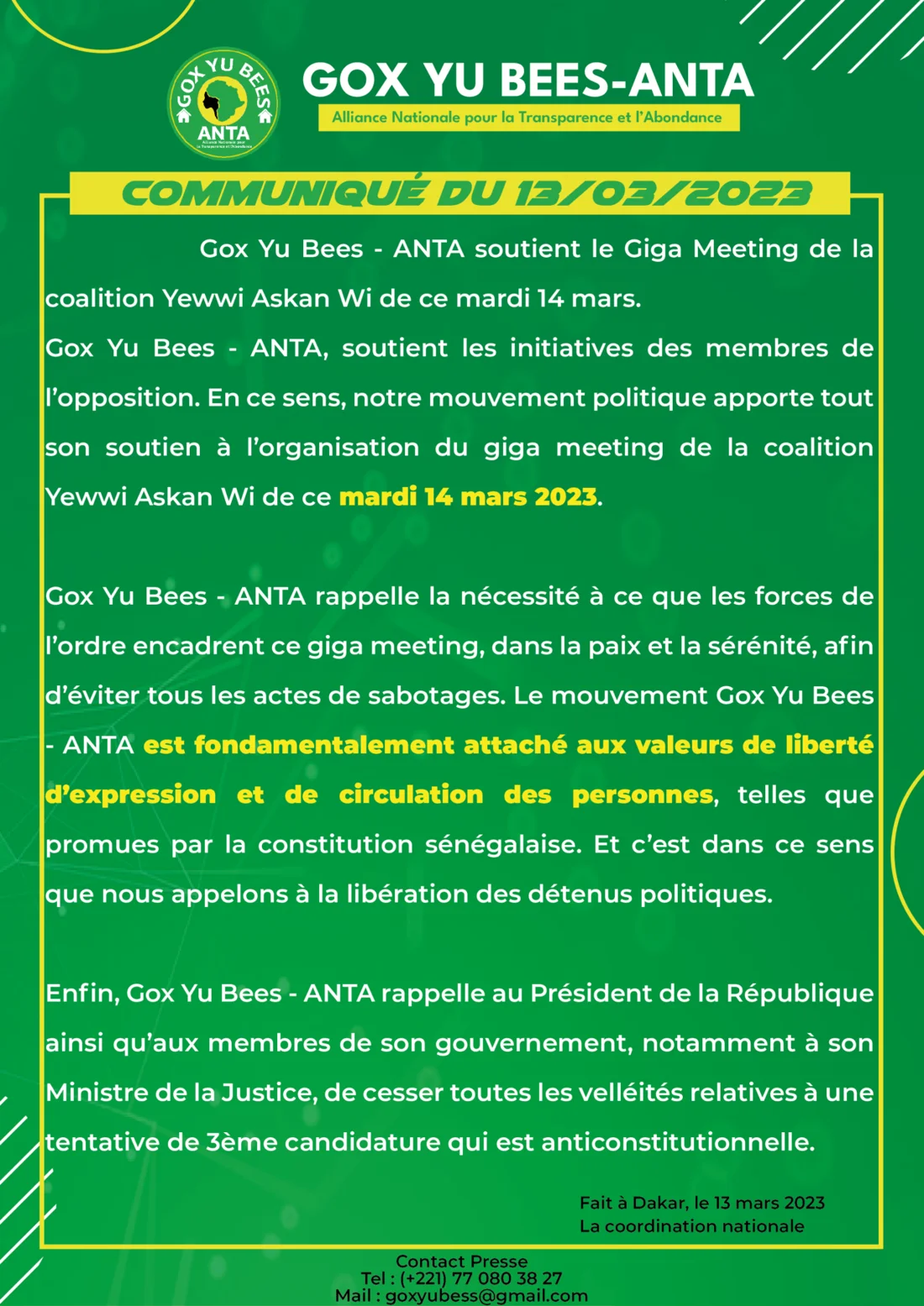 Communiqué : Soutien au méga meeting de la coalition Yewwi Askan Wi