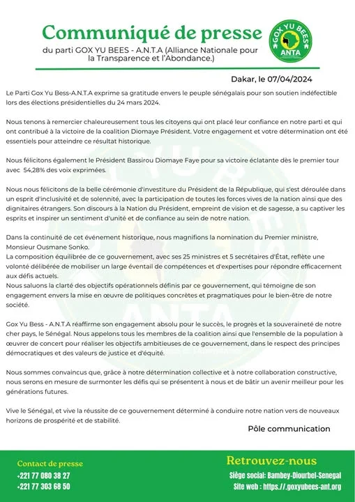 Communiqué : Gratitude envers le peuple sénégalais